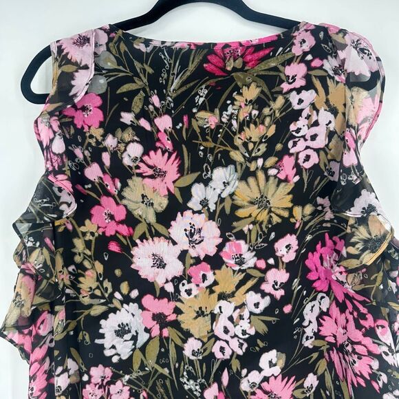 Tacera XL Black Pink Floral Ruffle Shift Dress Sleeveless Wedding Guest Feminine - Picture 7 of 12